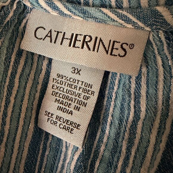Catherines Embroidered Blouse Shirt Top Stripe Turquoise Metallic Silver 3X - Picture 5 of 6